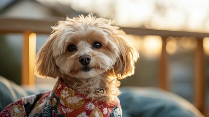 Adorable pet dog in custom spring outfit for stylish seasonal cards or posters