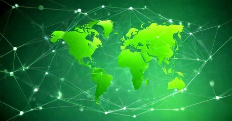 A stylized world map with green continents and white lines representing a network of interconnected nodes, set against a dark green background