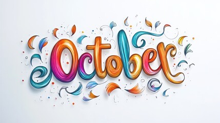 Colorful hand-drawn lettering "October" with swirls and dots on white background.