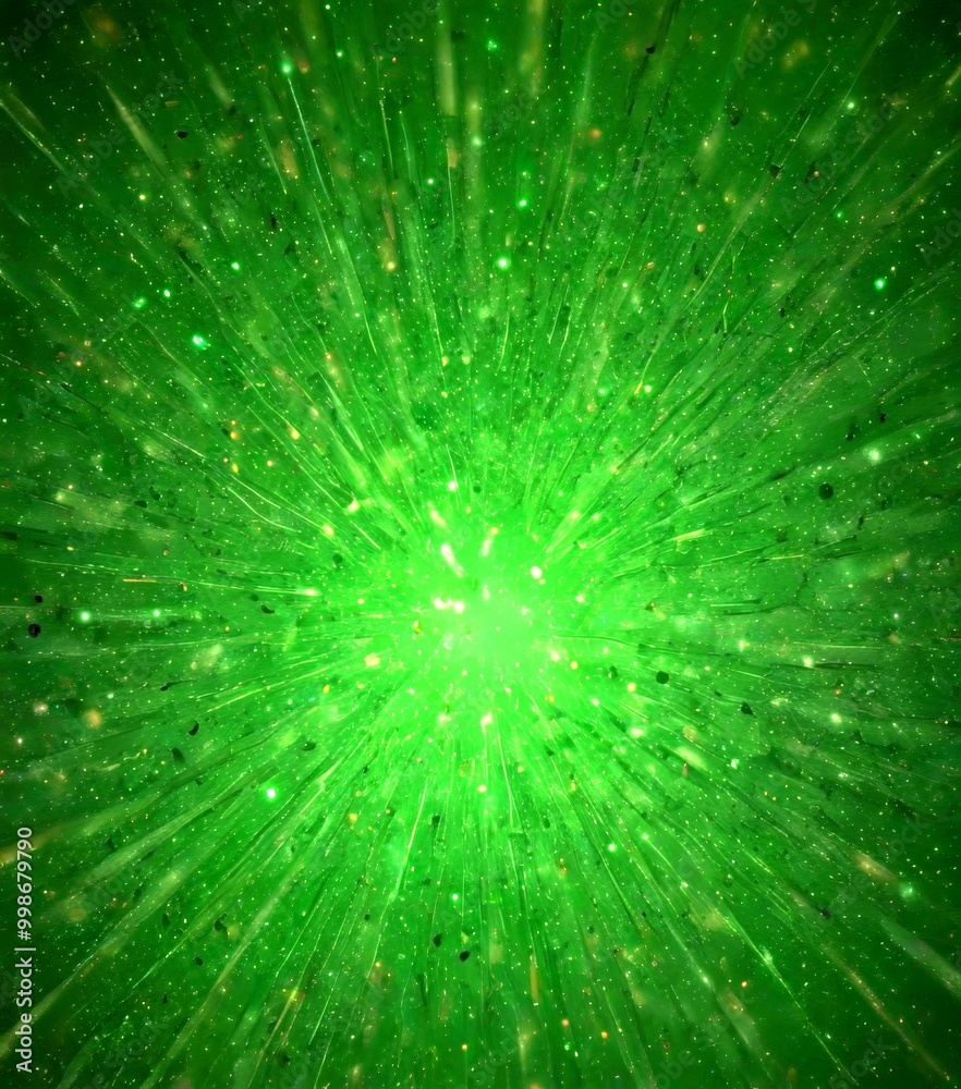 Poster a vibrant green explosion radiating outwards from a central point, with a multitude of smaller green
