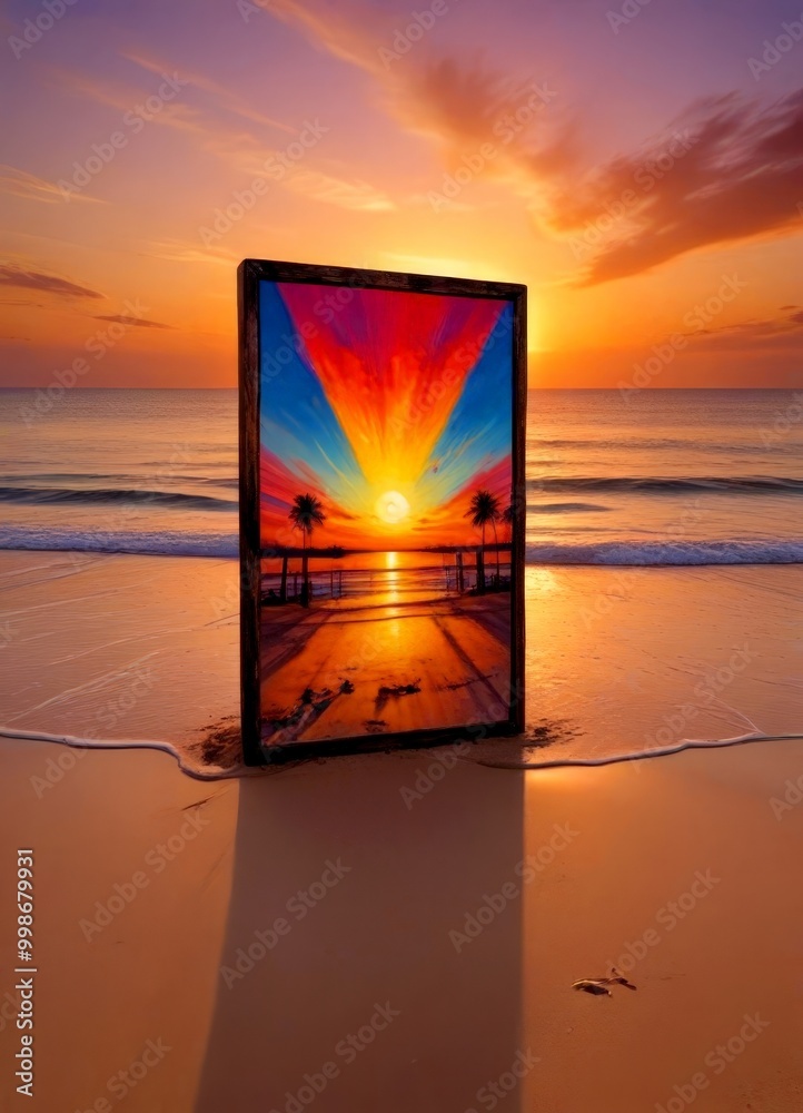 Poster a rectangular wooden frame with a vibrant sunset scene is placed on a sandy beach, casting a long sh