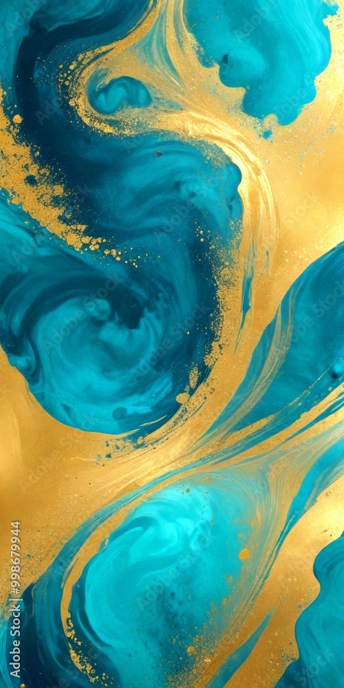Aufkleber a swirling pattern of turquoise and gold colors, with splashes of gold and turquoise throughout, creating a dynamic and abstract visual effect