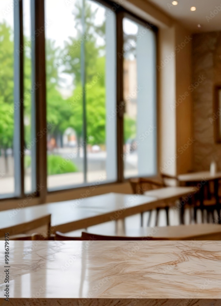 Poster a marble countertop with a blurred view restaurant through large windows