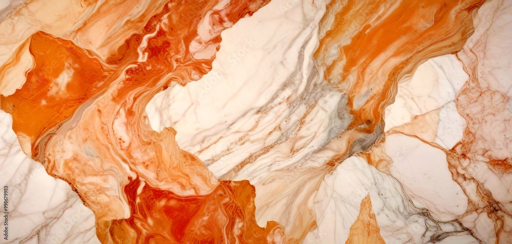Poster a close-up view marble surface with a swirling pattern of orange, white, and gray hues