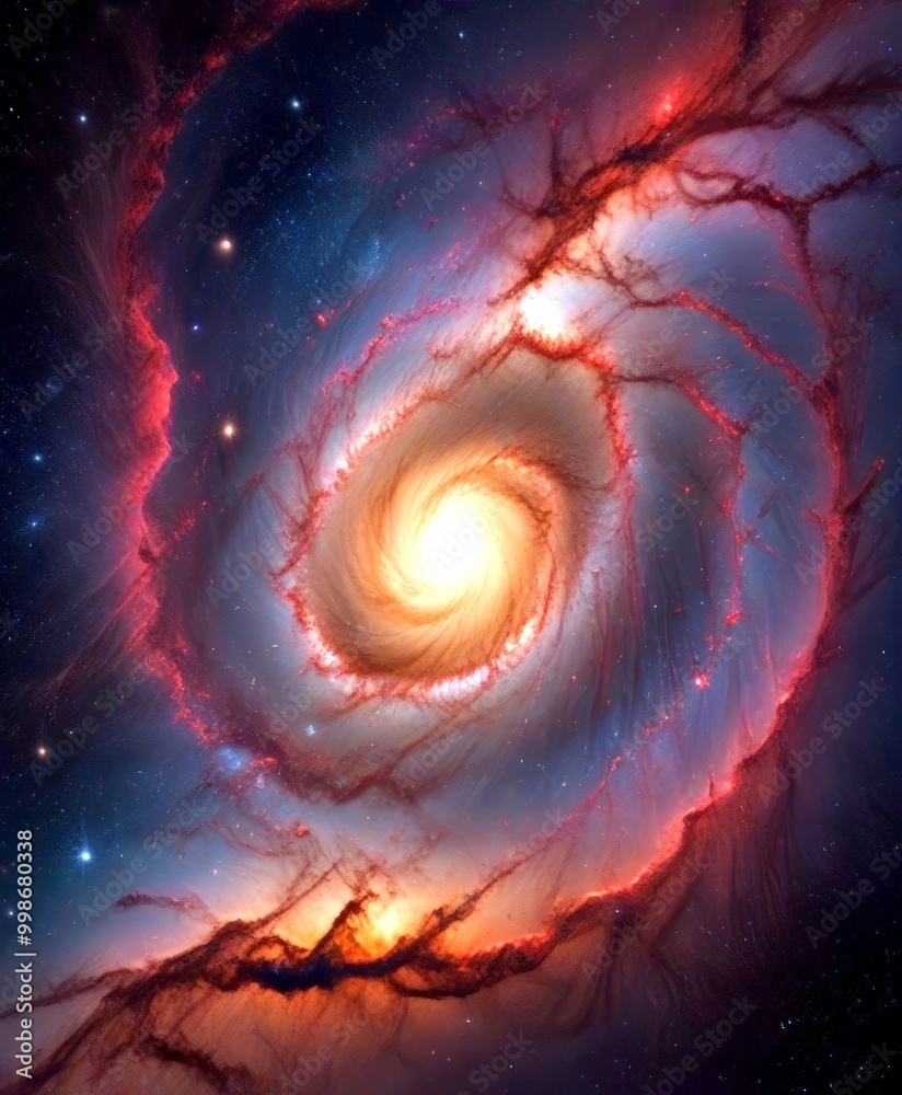 Poster a spiral galaxy with a bright central core surrounded by swirling clouds of gas and dust, set agains