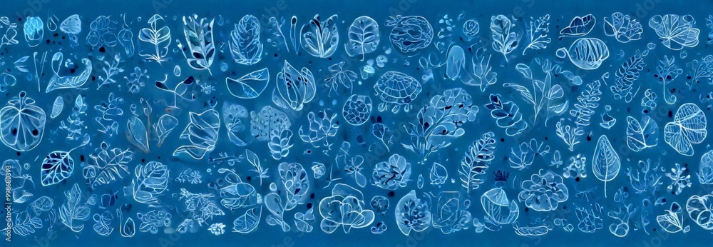 Poster a repeating pattern of various plant and leaf-like shapes in shades of blue and white, creating a wh