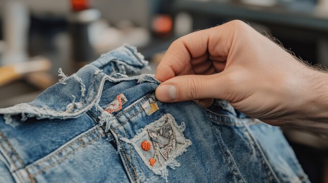 Creative upcycling fashion: hands crafting unique denim art for spring