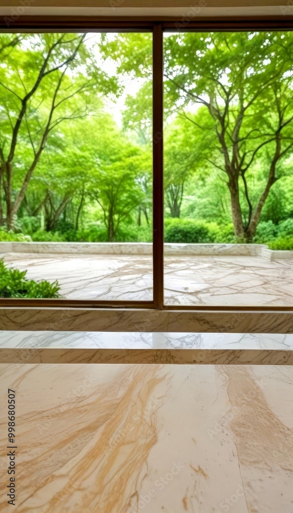 Poster a view from a window, with a lush green garden visible through the glass the garden features a varie