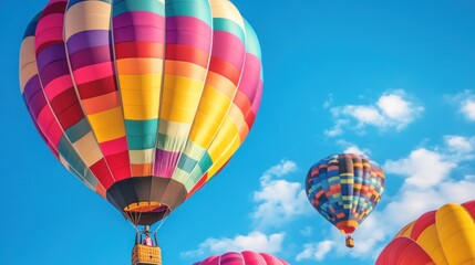 Obraz premium Colorful hot air balloons soar high in a bright blue sky with puffy clouds.