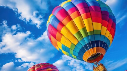 Fototapeta premium Colorful hot air balloon rising high in the blue sky with clouds.