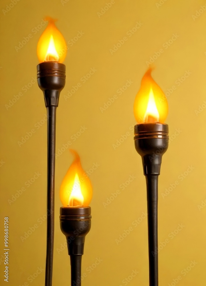 Poster three black torches with flickering orange flames are arranged in a row against a yellow background