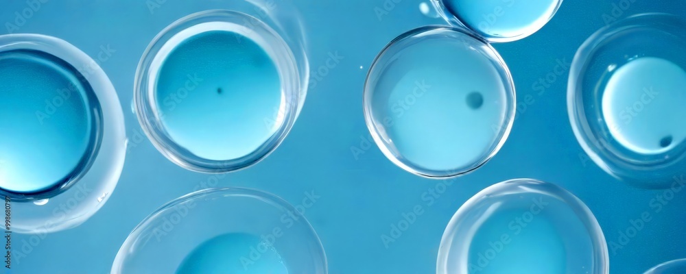 Poster a collection of transparent spheres with varying sizes and colors, floating against a light blue background