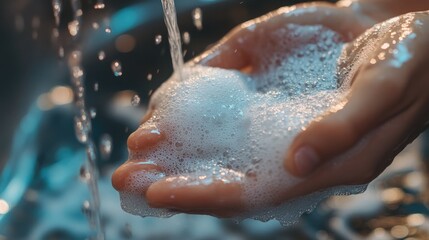Fototapeta premium Close-Up of Soapy Hands Under Running Water