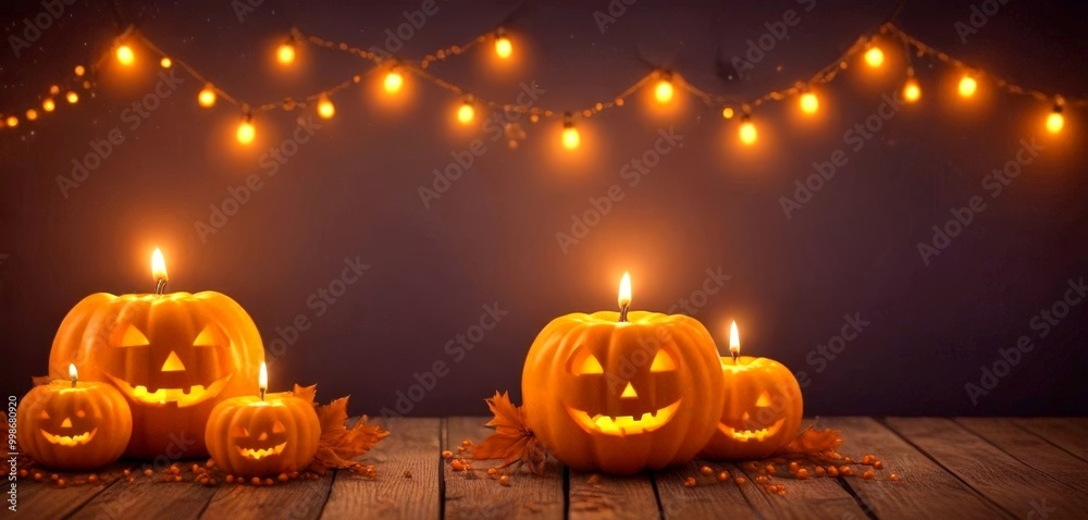 Poster halloween pumpkins with carved faces and lit candles are arranged on a wooden table, with a string o