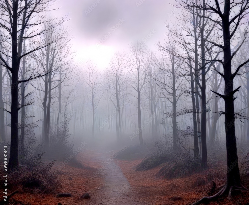 Poster A foggy forest path leads to a full moon, creating an atmospheric and mysterious scene