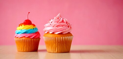 Two cupcakes with colorful frosting and a cherry on top sit on a pink background