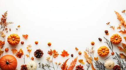 Fototapeta premium autumn decorations with pumpkin on white background flat lay