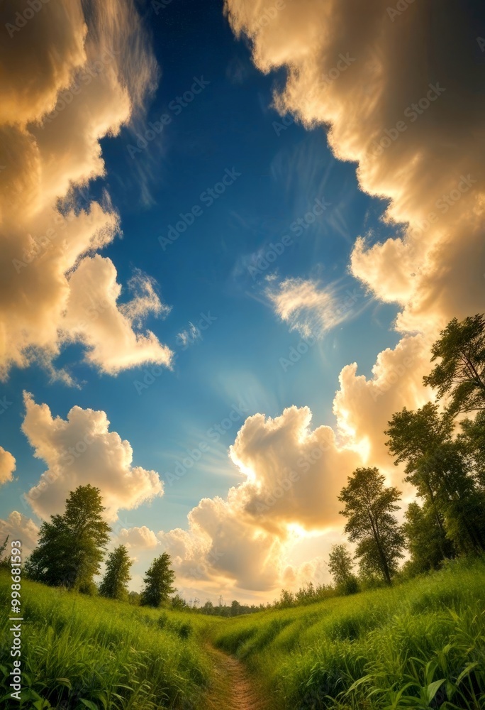 Aufkleber a winding path leads through a verdant field, framed by a dramatic sky filled with fluffy white clou