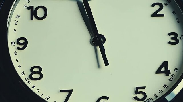 Realtime 4K footage clock face ticking second hand approaching 12 noon midnight Shadows move classic wall clock&rsquo;s dial offering highquality closeup view time