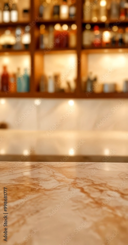 Poster A close-up marble countertop with a blurred background bar shelf with various bottles