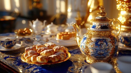 Fototapeta premium Elegant russian tea ceremony with samovar and pastries for a cultural experience