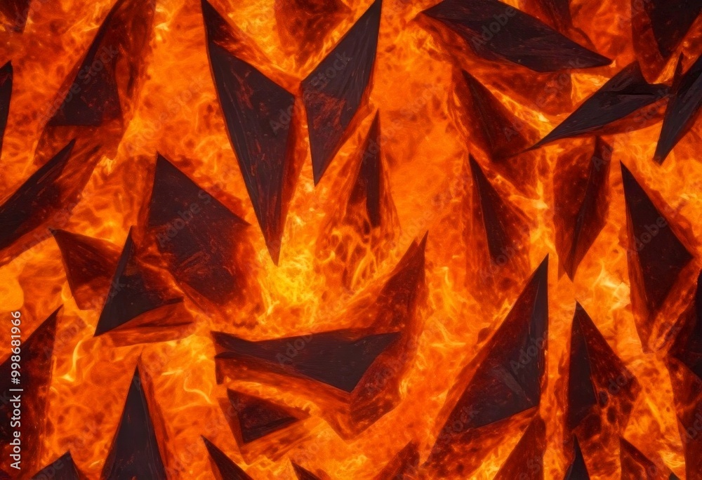 Poster a close-up view fiery, abstract pattern composed of numerous triangular shapes, with the edges of the triangles appearing to be ablaze