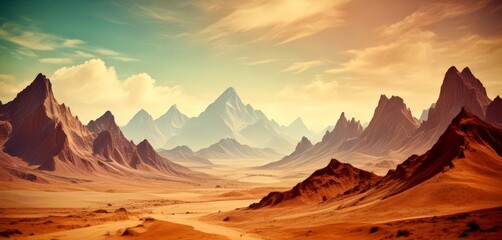 A vast desert landscape stretches out, dotted with rugged mountains under a cloudy sky