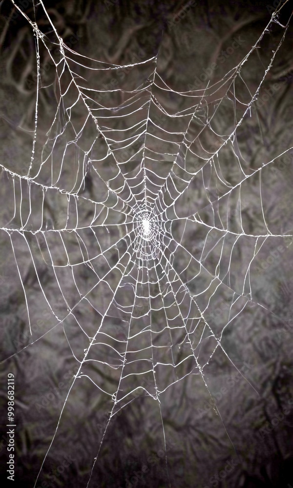Poster A close-up view spider web, with intricate patterns and a central spider web