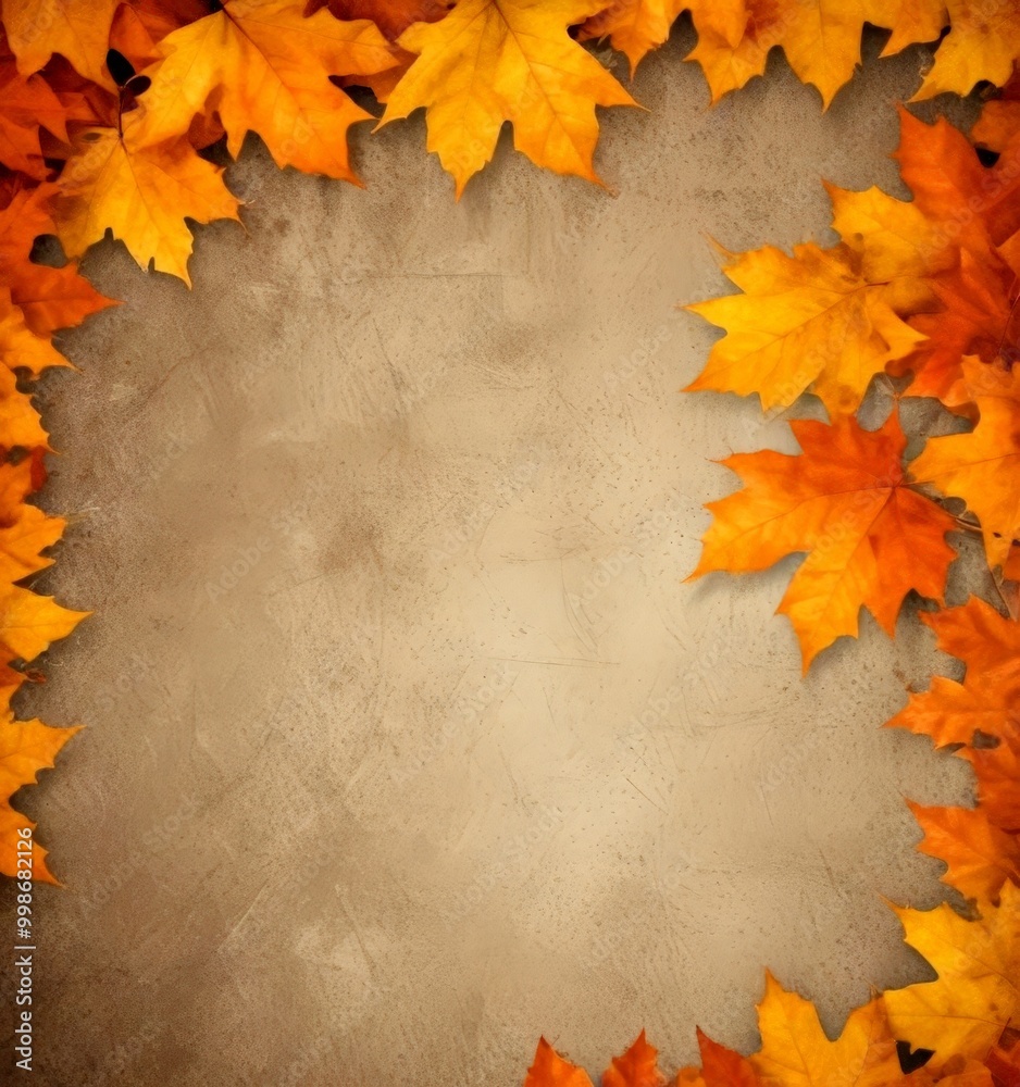 Poster a border of vibrant orange and yellow maple leaves frames a textured gray background