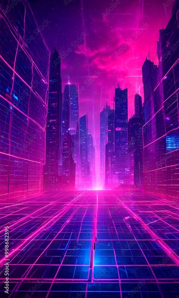 Aufkleber a futuristic cityscape with towering skyscrapers and a glowing grid-like pattern of neon lights, set