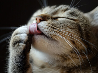 A close up of cat licking its paw, showcasing its soft fur and delicate features. intimate moment captures cats grooming behavior, evoking sense of calm and affection