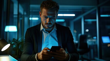 Serious Man Using Smartphone in Modern Office Setting
