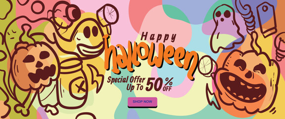 Spooky Monsters concept. abstract geometric liquid form. monster halloween with hand drawn banner template vector illustration.