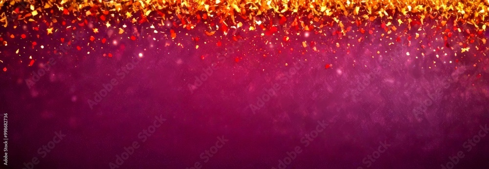 Poster a dark purple background with a gradient of red and gold confetti falling from the top right corner,
