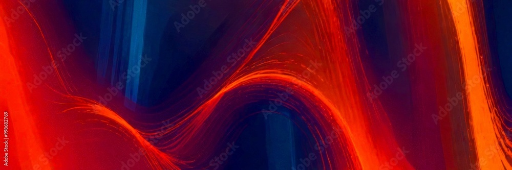 Poster a vibrant abstract composition of overlapping lines and curves in shades of orange, blue, and red, creating a dynamic and energetic visual effect