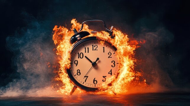An alarm clock exploding in flames, symbolizing a countdown, deadline, and time running out in a fiery burst of urgency