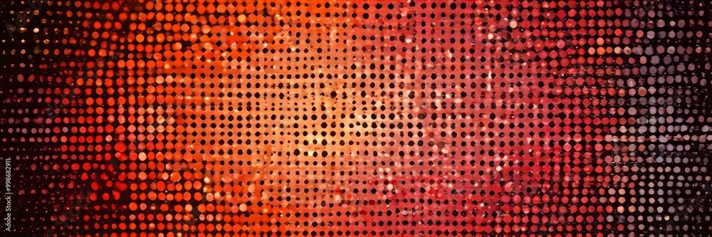 Poster a vibrant abstract pattern composed of numerous small circles in various shades of orange, red, and black, creating a dynamic and visually striking composition
