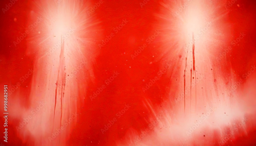 Poster a vibrant red background with two bright, radiant beams of light emanating from the center, creating
