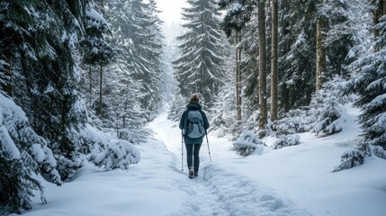 Determined Woman Hiking in Snowy Forest Trail
