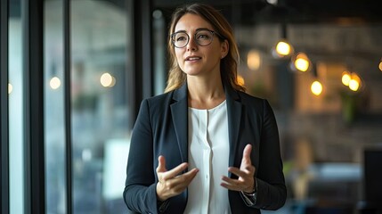 Confident Woman Presenting in Modern Office Setting