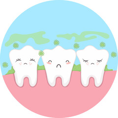 Cute teeth with plaque and bacteria. Vector illustration.