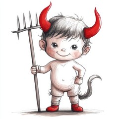 Obraz premium Cute Devil Kid with Red Horns and Pitchfork on White Background - Marker Illustration Style