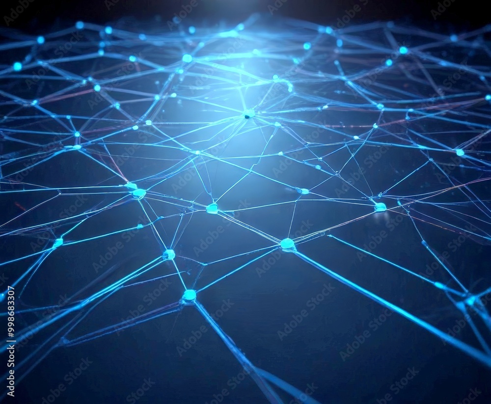 Poster a complex network of interconnected lines and dots, creating a visually striking abstract pattern The lines and dots are arranged in a grid-like pattern,