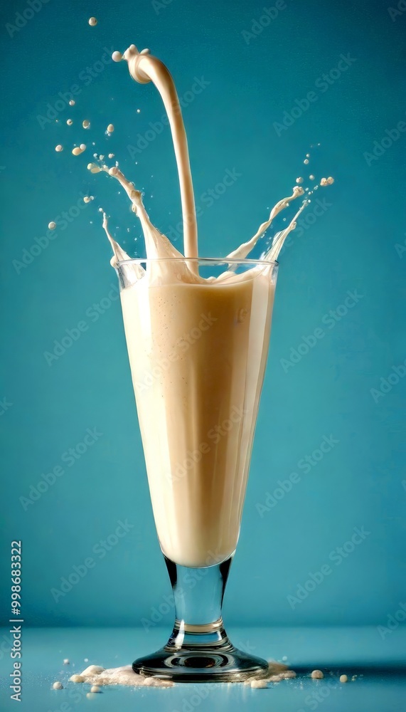 Aufkleber A glass of milk is captured in a dynamic moment, with a stream of milk splashing out from the top, creating a visually striking effect against a light blue background