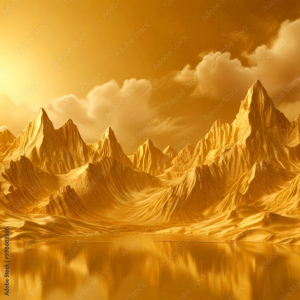 Poster golden mountains reflected in a calm lake, set against a golden sky with wispy clouds