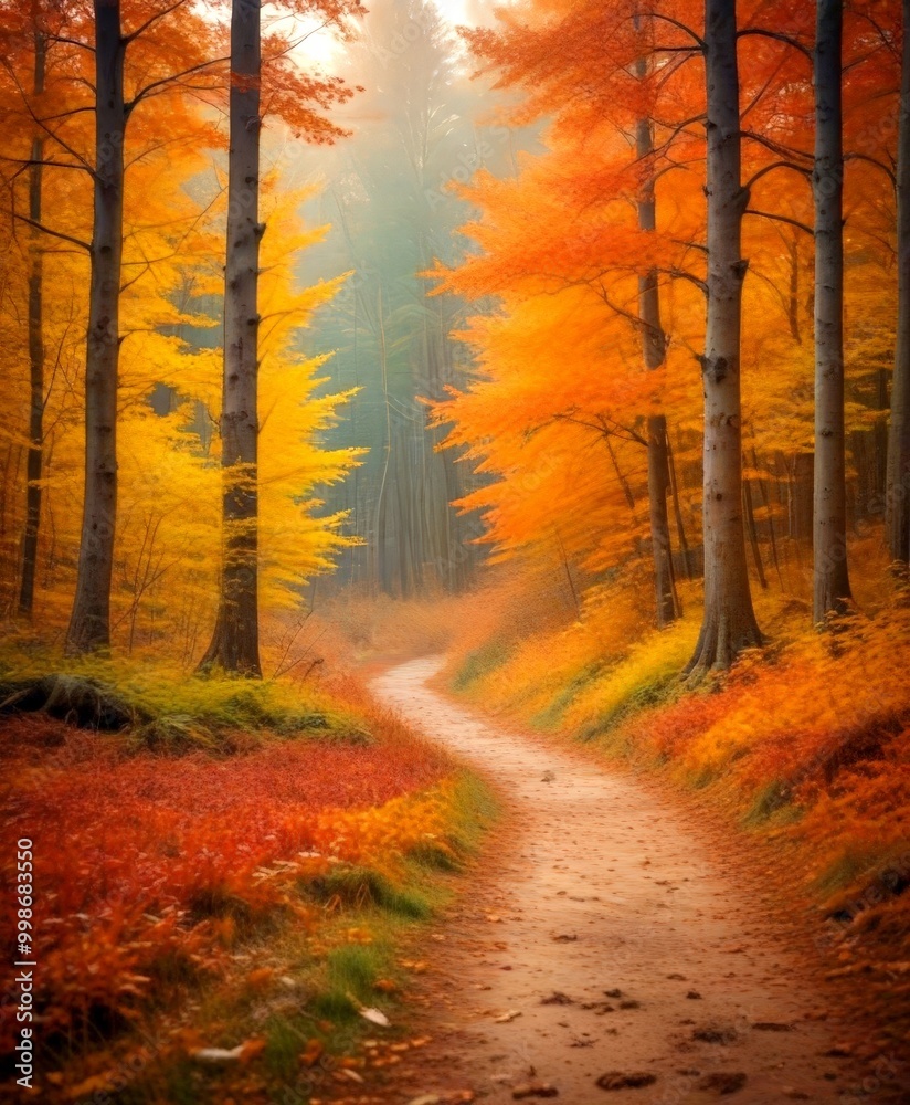 Poster a tranquil autumn forest scene with a winding dirt path leading through a grove of trees displaying 