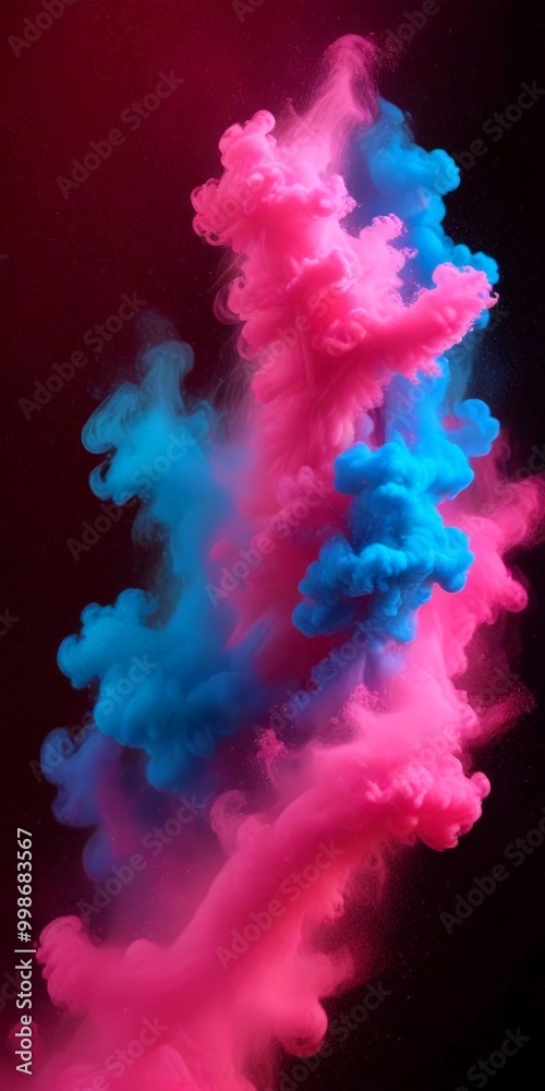 Poster a swirling pattern of pink and blue smoke or vapor against a dark background, creating a dynamic and visually striking effect