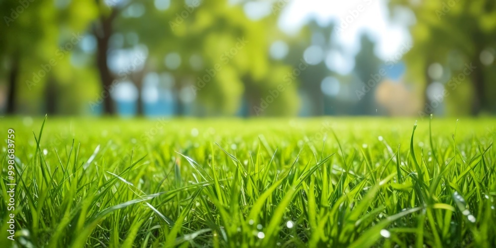 Poster a close-up view of lush green grass with water droplets, set against a blurred background of trees a