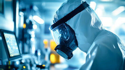 A man in a protective hazmat suit and gas mask diligently works amidst sophisticated lab equipment, emphasizing safety and innovation in a controlled environment
