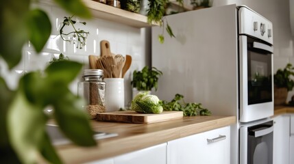 Kitschy kitchen minimalism with neutral background for home decor and design